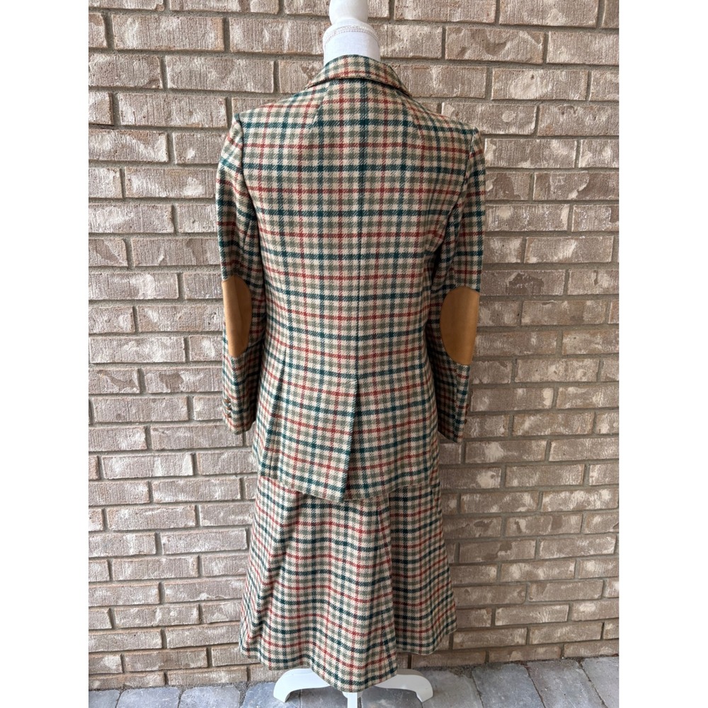 Pendleton Vintage Wool Plaid Skirt Suit Blazer Elbow Patches Green Red Tan 12